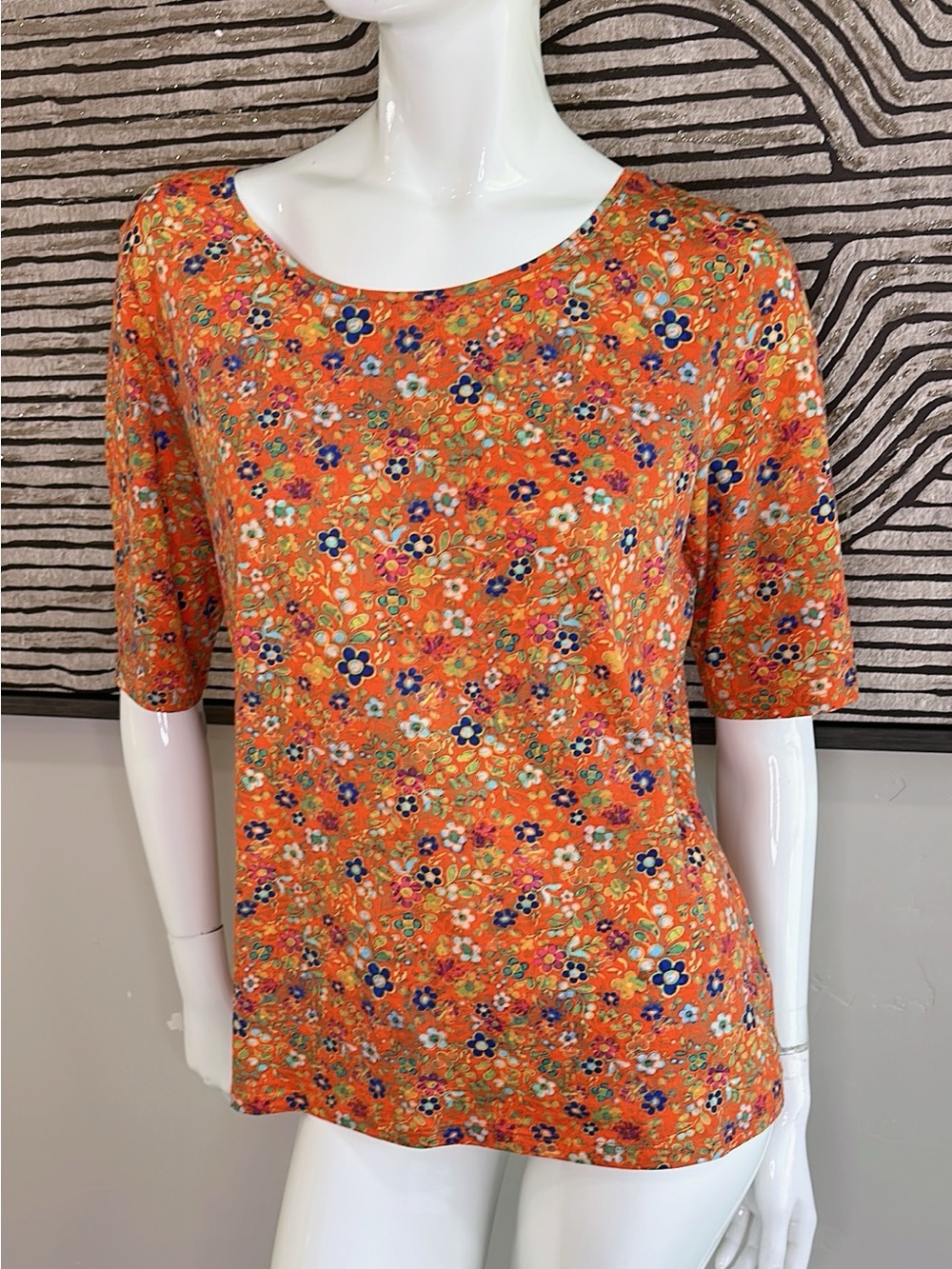 Peruvian Connection Orange Floral Scoop Neck Short Sleeve Top Sz L